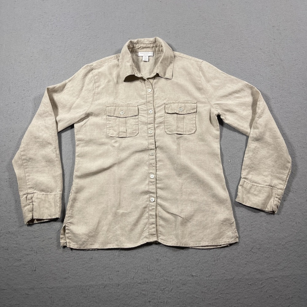 Charter Club Linen Shirt Women 2P Regular Fit Tan Minimalist Neutral Classic Top
